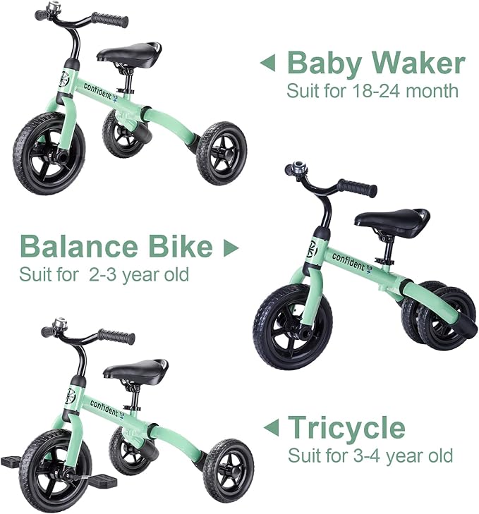 YGJT 3 in 1 Tricycle for Toddlers Age 2-5 Years Old, Folding Kids Balance Bikes with Adjustable Seat and Removable Pedal, Ride-on Toys for Infant, Gift for Baby Boys Girls Birthday (Mint Green)