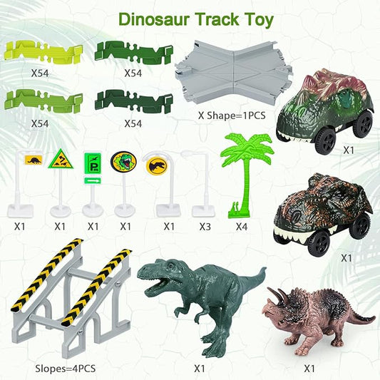 Dinosaur Toys,Create A Dinosaur World Road Race,Flexible Track Playset and 2 pcs Cool Dinosaur car for 3 4 5 6 Year & Up Old boy Girls Best Gift