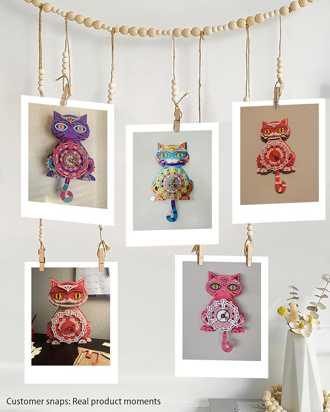 Wooden 3D Puzzles for Adults Model kit Cat Clock Kids Wall Clock Decor for Birthday Gift/Christmas Day