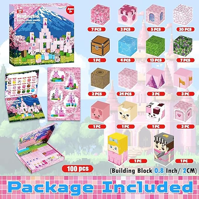 Pink Magnetic Building Blocks Magnetic Building Tiles Toys for Boys Girls Age 3+，Creative Plastic Magnet Square Gift for Kids 100PCS