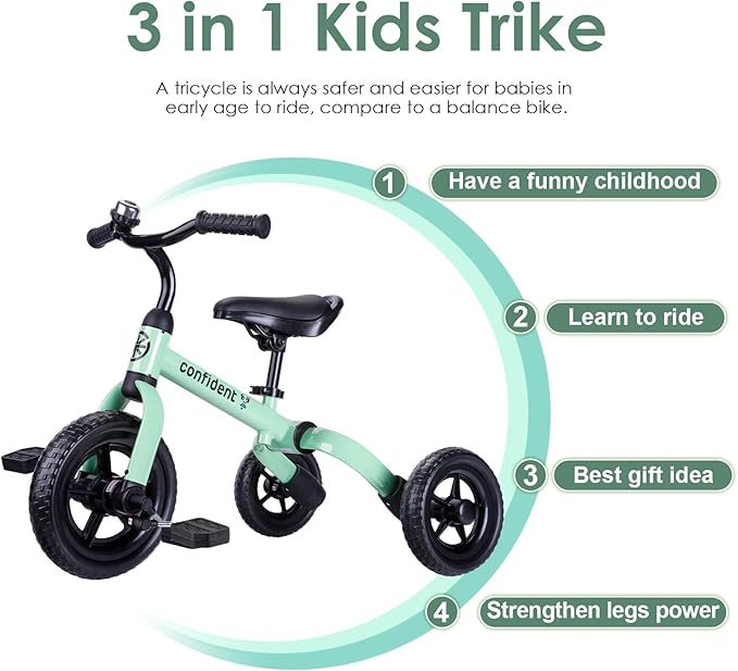 YGJT 3 in 1 Tricycle for Toddlers Age 2-5 Years Old, Folding Kids Balance Bikes with Adjustable Seat and Removable Pedal, Ride-on Toys for Infant, Gift for Baby Boys Girls Birthday (Mint Green)