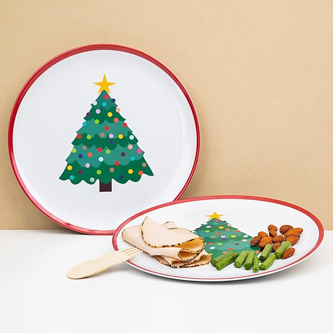 Tiny Expressions – Holiday Plates for Kids with Colorful Christmas Tree| Set of 4 Melamine Dishes for Children