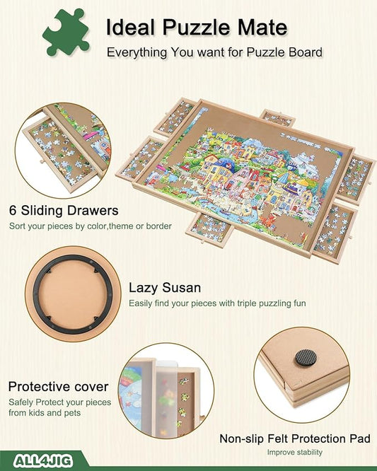 ALL4JIG 1500 Pieces Rotating Puzzle Board with 6 Drawers and Cover,25"x34"Portable Wooden Jigsaw Puzzle Table for Adults,Lazy Susan Spinning Puzzle Boards Birthday Gift for mom