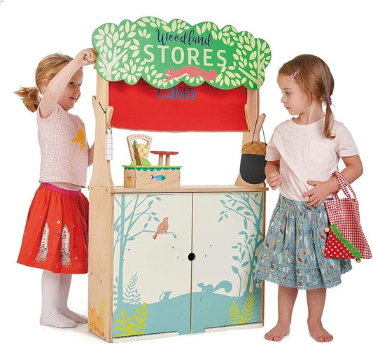 Tender Leaf Toys Woodland Store and Puppet Theater – 2 Sided Reversible Grocery Stand and Hand Puppeteer Stage - Social, Creative, and Imaginative Development – Expressive Role Play – Ages 3 Years +