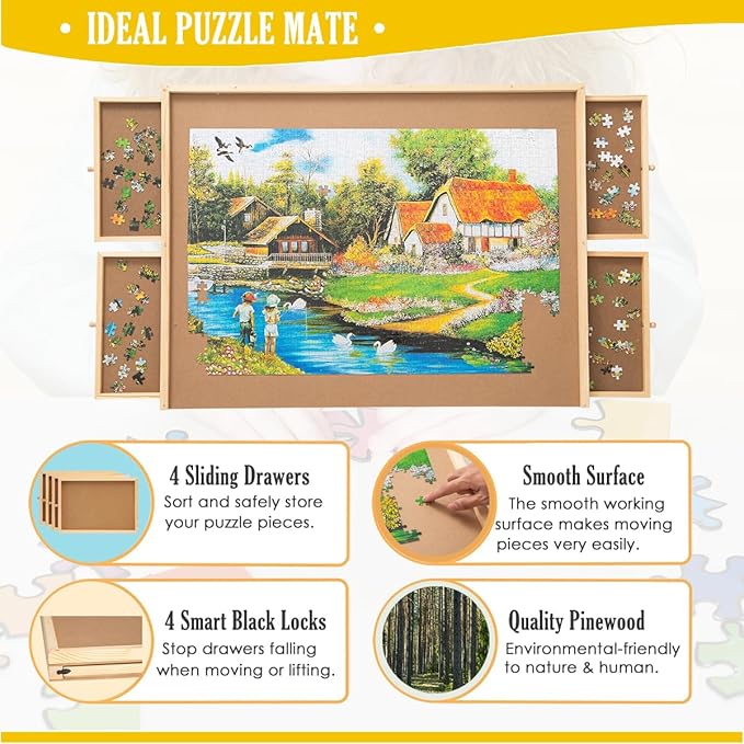SNAIL Jumbo Wooden Jigsaw Puzzle Board Portable Puzzle Plateau with Storage Drawers for Adults, 34"x26" Large Jigsaw Puzzle Table with Smooth Fiberboard Work Surface for 1500 Pieces Puzzles
