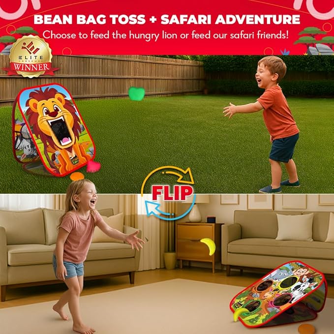 Swooc Games® - Safari Sling™ | 2-in-1 Bean Bag Toss Game for Kids | 5-Second Setup Kids Cornhole Game Set | Outdoor Toddler Activities | Backyard Party Games | Corn Hole Set Toddler Bean Bag Toss
