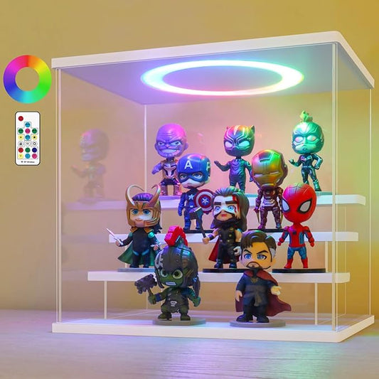 LANSCOERY RGB Lighted Acrylic Display Case – 4 Tier White Showcase with Color Changing LED, Dustproof Organizer Box for Funko Pop, Mini Figures, Collectibles, 11.8x8.9x11inch