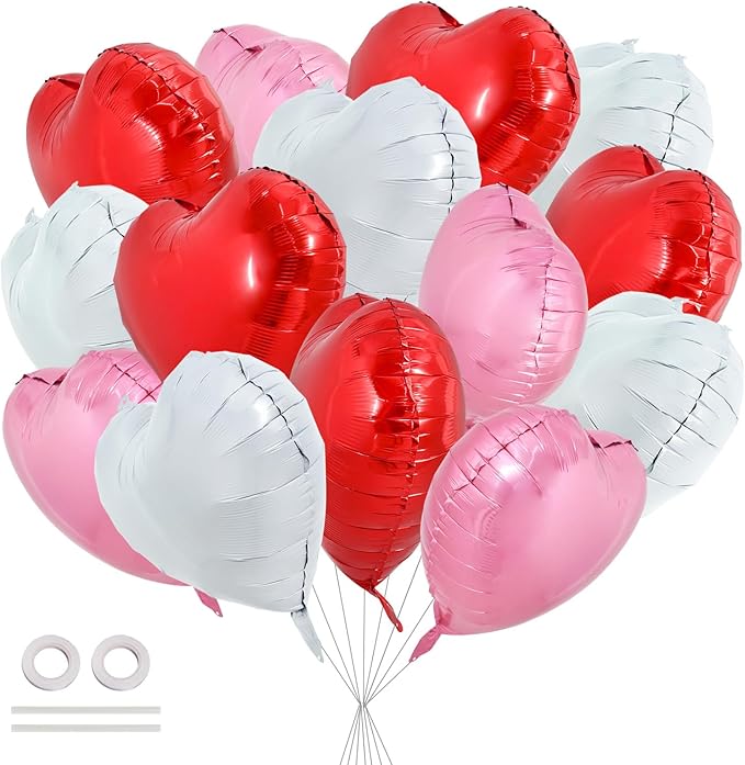 TONIFUL 30Pcs 18 Inch Heart Balloons Red White Pink Valentine’s Day Heart Shape Foil Mylar Balloons Decoration for Romantic Valentine's Day Wedding Bridal Shower Anniversary Engagement Party Supplies