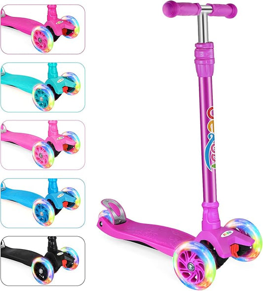 BELEEV Scooters for Kids 3 Wheel Kick Scooter for Toddlers Girls Boys, 4 Adjustable Height, Lean to Steer, Light up Wheels, Extra-Wide Deck, Easy to Assemble for Children Ages 3-12 (Rose Pink)
