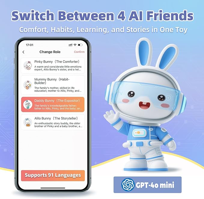 alilo AI Toys for Kids, ChatGPT Smart Companion with Real-Time Voice, 4 Agents & 91 Languages, Preloaded 48 Bunny English/50 Stories/66 Music/28 Lullabies/34 Classical Tunes, Bluetooth Speaker