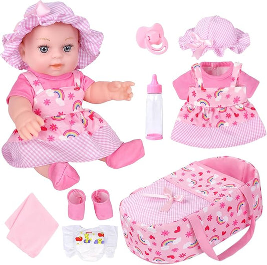 ZQDOLL 12" Baby Dolls with Bassinet Bed, Rainbow Theme Reborn Cute Baby Doll Clothes and Accessories Set Include Pacifier Bottle Towel Diaper Toy Gift for Toddlers Kids 3 and Up