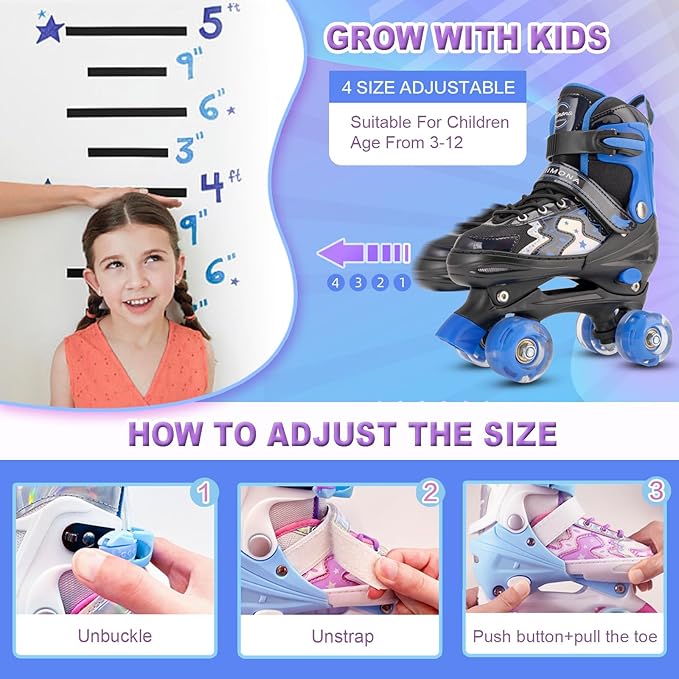 Star Wing Roller Skates for Toddlers & Kids - 4 Size Adjustable Light Up Patines para Niñas, Battery-Free All Illuminating Wheels, Ideal Gift for Girls and Boys Ages 3-12