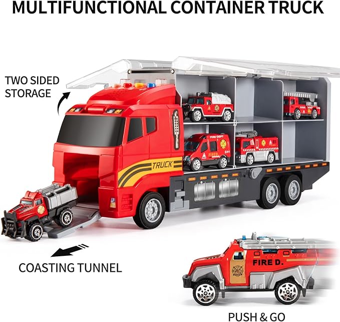 TEMI Toddler Toys for 3 4 5 6 Years Old Boys, Die-cast, Alloy Metal Emergency Fire Rescue Vehicle Transport Car / Truck Toys Set w/Play Mat for Age 3-9 Toddlers Kids Boys & Girls