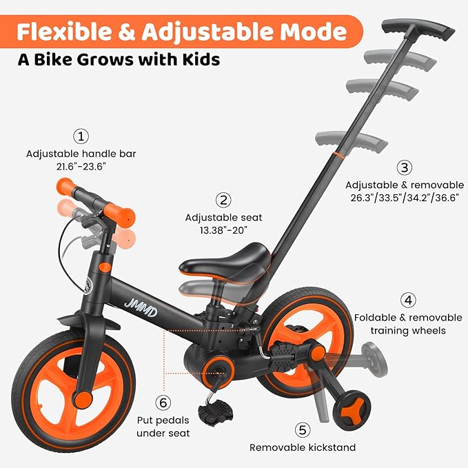 JMMD Toddler Bike with Push Handle for Kids 18-60 Months, 6 in 1 Foldable Push Bike with Training Wheels, Pedals, Brakes, Kickstand, Kid Balance Bike Gift & Toys for Boy & Girl