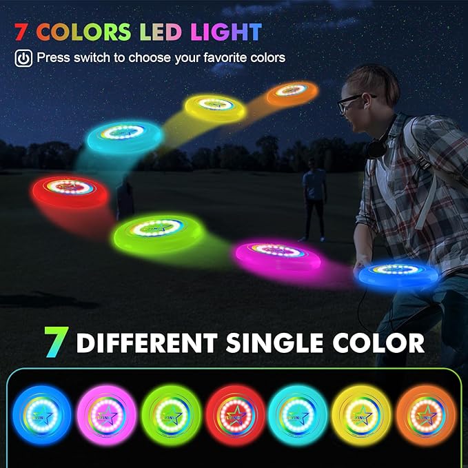 Pro LED Flying Sport Disc Toy for Kids Adults, 7 Dynamic Modes Glow in The Dark Fiying Ring, 175 Gram, Light Up Flashing, Sand Beach Toy for Lawn, Outdoor, Park, Yard, Camping, Toss and Catch Game
