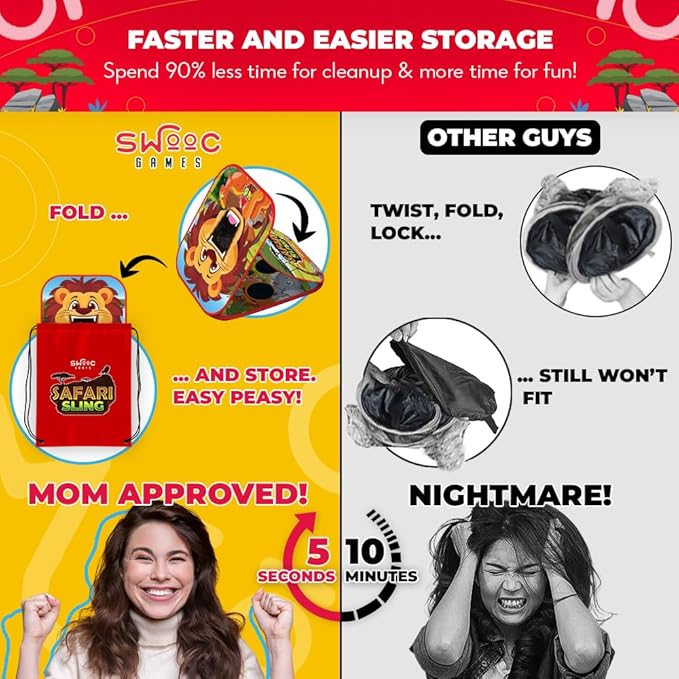 Swooc Games® - Safari Sling™ | 2-in-1 Bean Bag Toss Game for Kids | 5-Second Setup Kids Cornhole Game Set | Outdoor Toddler Activities | Backyard Party Games | Corn Hole Set Toddler Bean Bag Toss