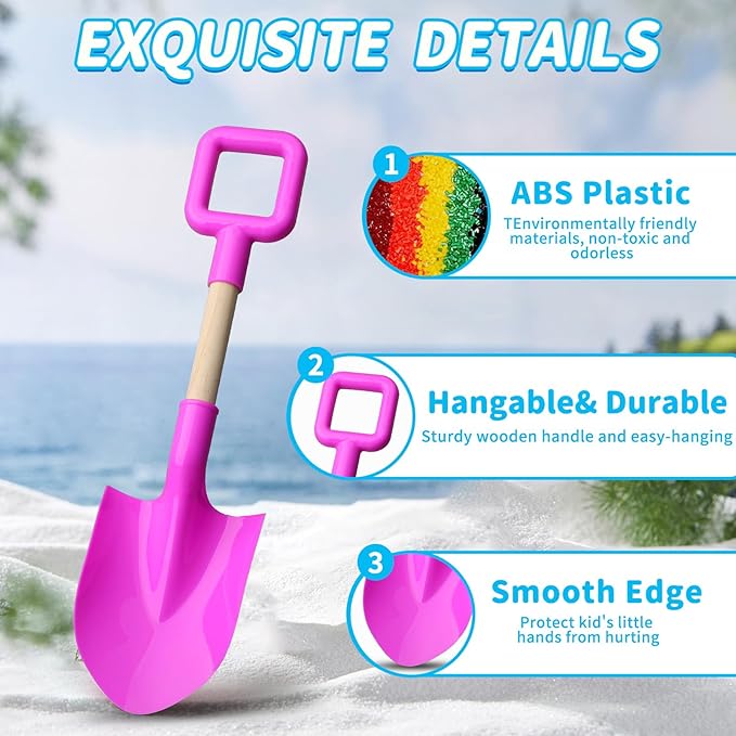 16" Jumbo Beach Sand Shovels Toys for Kids, Pink Gardening Tool Kits, Sturdy Long Wooden Spade for Sand Snow Digging, ABS Plastic Scoops Gift for Summer Winter Camping Backyard Planting (3PCS)