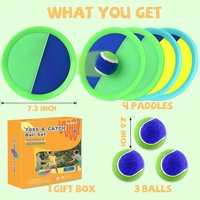 Outdoor Games - Beach Toys, Toss and Ball Set with 4 Paddles and 3 Balls, Perfect Yard Games Sets, Playground Sets for Backyards Easter Birthday for Kids/Adults/Family (Green)