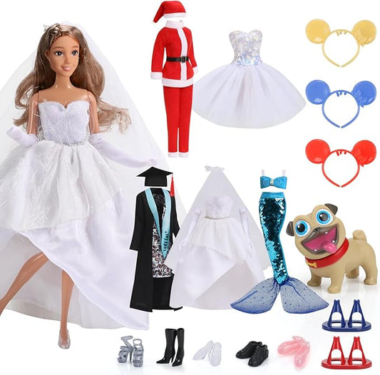11.5-Inch Themed Doll Clothes & Accessories – Educational Role Play Gift Set for Girls with 1 Doll, 5 Outfits (Santa, Wedding, Graduation, Mermaid, Ballet) 1 Puppy, 5 Shoes, Stands, Headbands
