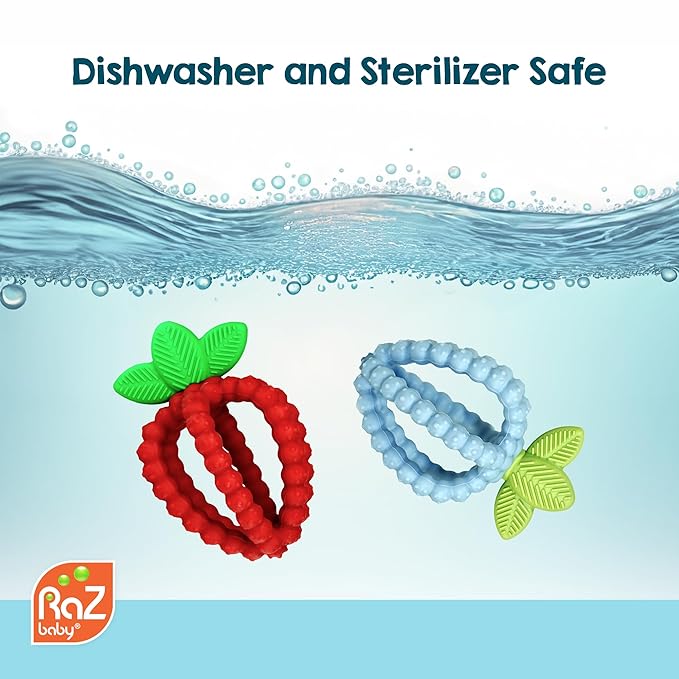 RaZbaby Bites Silicone Baby Teething Toy – Sensory Toy with Textured BerryBumps for Teething Relief, Easy-to-Hold Fruit Shape, BPA-Free, Soothes Front & Back Teeth – Gift for Babies, 3 Months+, Blue