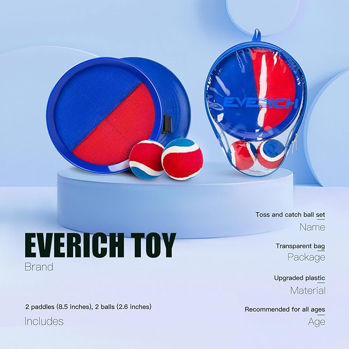 EVERICH Upgraded Toss and Catch Ball Game Set - Indoor and Outdoor Games for Kids 3-12, Beach Sand Pool Water Toy Includes 2 Paddles 2 Sticky Balls, Great Birthday Easter Gifts for Boys Girls