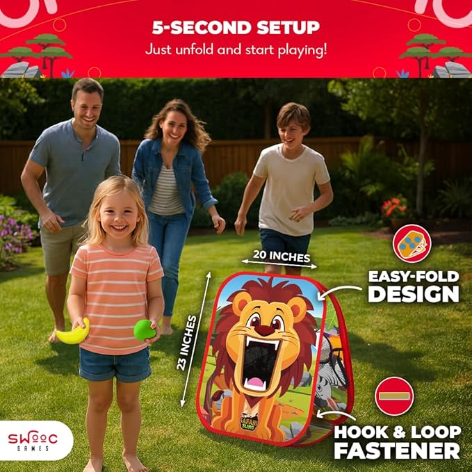 Swooc Games® - Safari Sling™ | 2-in-1 Bean Bag Toss Game for Kids | 5-Second Setup Kids Cornhole Game Set | Outdoor Toddler Activities | Backyard Party Games | Corn Hole Set Toddler Bean Bag Toss