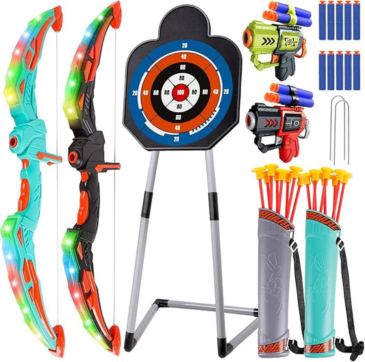 2 Pack Bow and Arrow for Kids Sports and Outdoor Play Toys Archery Set with LED Light Up 16 Arrows 1 Standing Target 2 Quiver Indoor Outdoors Toy for Age 3-12 Year Old Boy Girl Gift