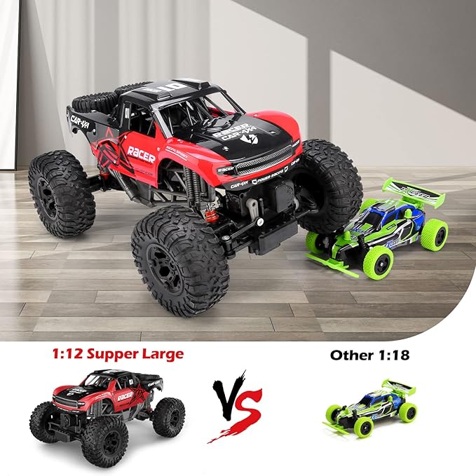 RC Trucks 4x4 Offroad Waterproof - 1:12 Scale Large Amphibious Remote Control Car, Dual Motors Crawler Vehicle, Monster Truck Toys with 2 Rechargeable Batteries, Best Gift for Kids Adults