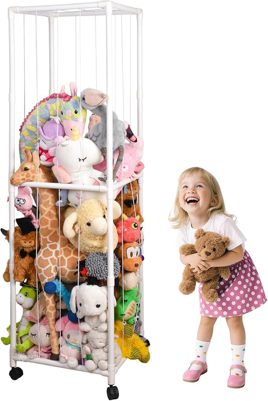 Stuffed Animal Storage Zoo with Wheels, Large Plush Toy Organizer for Kids - Extra Wide PVC Stuffed Animal Holder with Elastic Cords & Mesh Net, Nursery Playroom Toy Cage for Boys Girls Toddlers