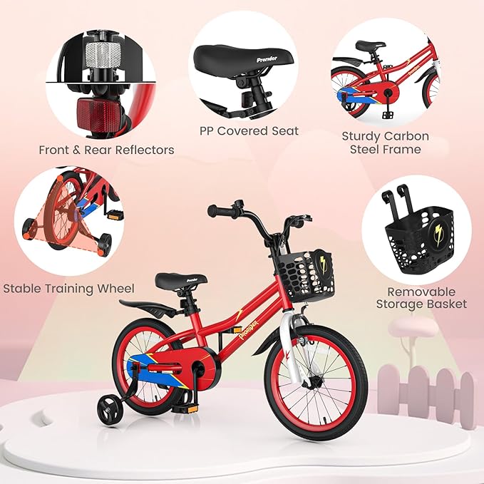BABY JOY Kids Bike, 12 14 16 18 Inch Children Bikes for Boys Girls Age 3-8 Years w/Training Wheels, Handbrake, Coaster Brake & Removable Basket, Kids Bicycle of Multiple Colors