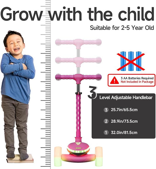 Winhope Kids Scooter, 3 Wheel Scooter for Kids Ages 2-8 with LED Light-Up Wheels, Adjustable Handlebar & Wide Anti-Slip Deck, Toddler Scooters with Rear Brake for Boys Girls up to 100 Lbs