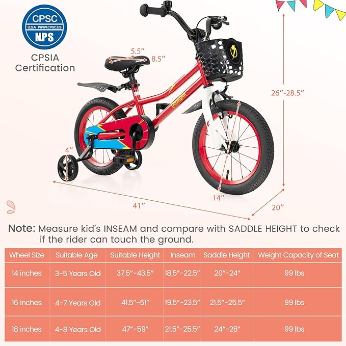 BABY JOY Kids Bike, 12 14 16 18 Inch Children Bikes for Boys Girls Age 3-8 Years w/Training Wheels, Handbrake, Coaster Brake & Removable Basket, Kids Bicycle of Multiple Colors