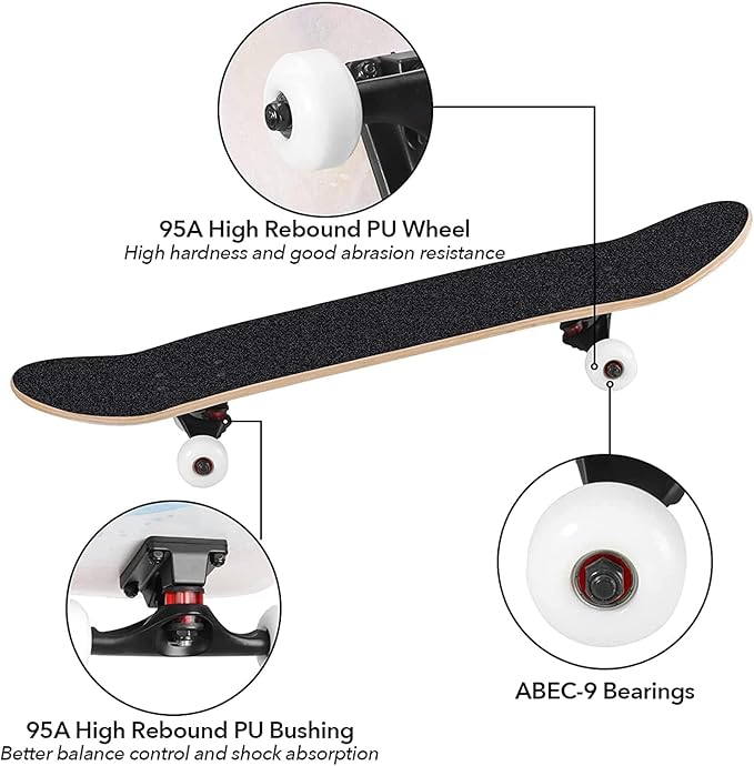 Skateboards for Beginners Kids Boys Girls and Adults 31"x8" Pro Complete Skateboard 8 Layers Maple Wood, Double Kick Concave, Fascinating Cool, Solid&Durable