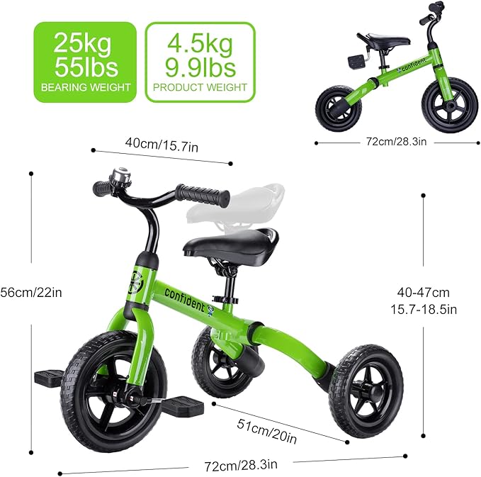 YGJT 3 in 1 Tricycle for Toddlers Age 2-5 Years Old, Folding Kids Balance Bikes with Adjustable Seat and Removable Pedal, Ride-on Toys for Infant, Gift for Baby Boys Girls Birthday(Green)