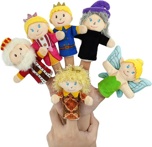 6 Pcs Fairy Tale Finger Puppets Set,4 inch Fairy Tale Members Soft Plush Hand Puppets for Kids Mini Toys,Finger Puppets for Toddlers Princess Puppet Storytelling Role-Playing