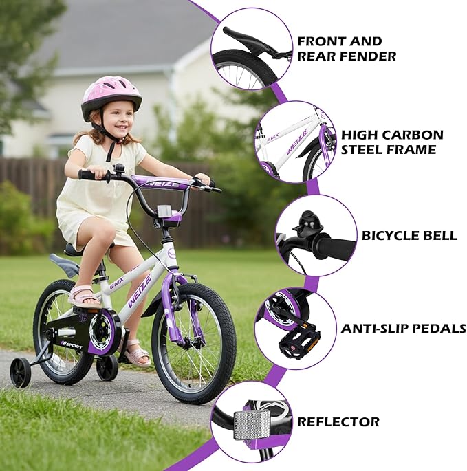 WEIZE Kids Bikes,16 20 Inch Boy's Bike for Kids,BMX Style Bicycle for Boys Girls Ages 4-12 Years Old,Kids Bicycle with Adjustable Seat,Training Wheels,Front and Rear Fender,Multiple Color Options