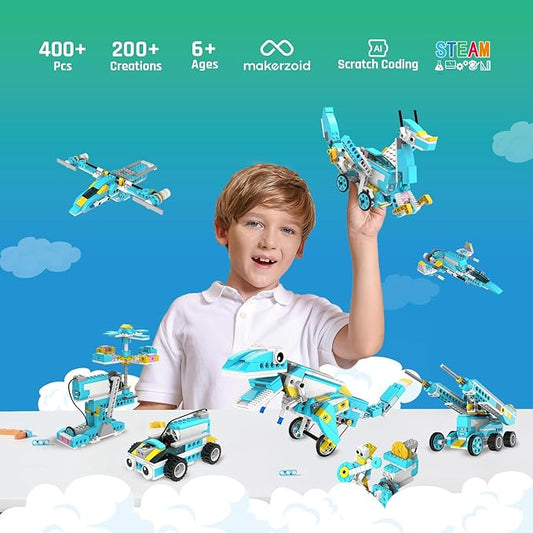 Makerzoid Coding Robot Kit for Kids, 200-in-1 RC Robot Building Toys with Motor Sensor,Scratch JR Coding Set with 36 Video Courses, Birthday for Kids 6+ (400+ Blocks)
