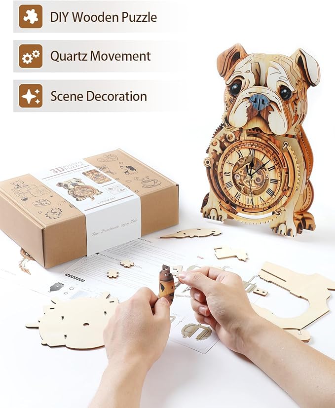 3D Wooden Puzzles for Adults, 3D Puzzles Bulldog Clock(with Pendulum) 32Pcs, Beginners Wooden Puzzle for Adults Teens Home Wall Decor Clock Crafts for Adult Puzzle Gift for Women Men