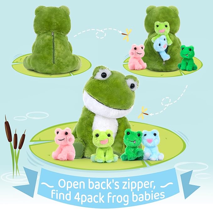 MorisMos Big Frog Stuffed Animal Plush Toys,Large Green Mommy Frog Toy and 4 Baby Toads for Kids,Cute Plush Toad Toys,Soft Green Stuffed Animals Gift for Girls Boys Christmas Baby Shower Birthday