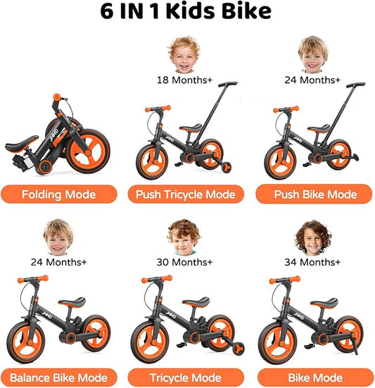 JMMD Toddler Bike with Push Handle for Kids 18-60 Months, 6 in 1 Foldable Push Bike with Training Wheels, Pedals, Brakes, Kickstand, Kid Balance Bike Gift & Toys for Boy & Girl