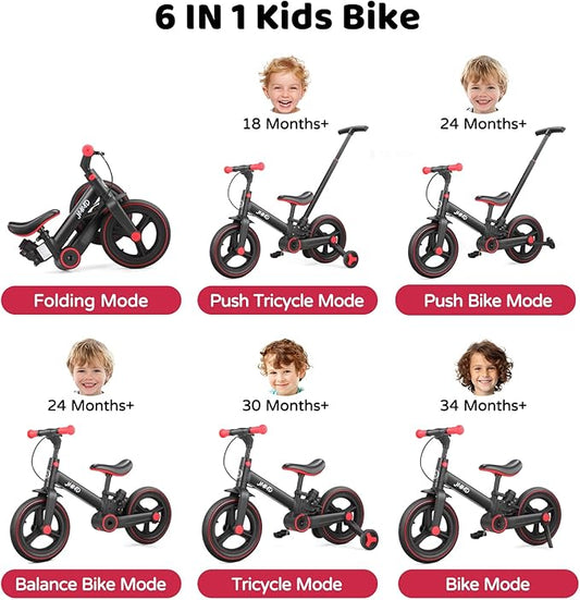 JMMD Toddler Bike with Push Handle for Kids 18-60 Months, 6 in 1 Foldable Push Bike with Training Wheels, Pedals, Brakes, Kickstand, Kid Balance Bike Gift & Toys for Boy & Girl