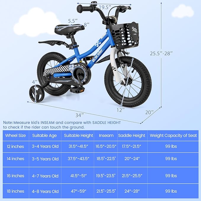 BABY JOY Kids Bike, 12 14 16 18 Inch Children Bikes for Boys Girls Age 3-8 Years w/Training Wheels, Handbrake, Coaster Brake & Removable Basket, Kids Bicycle of Multiple Colors