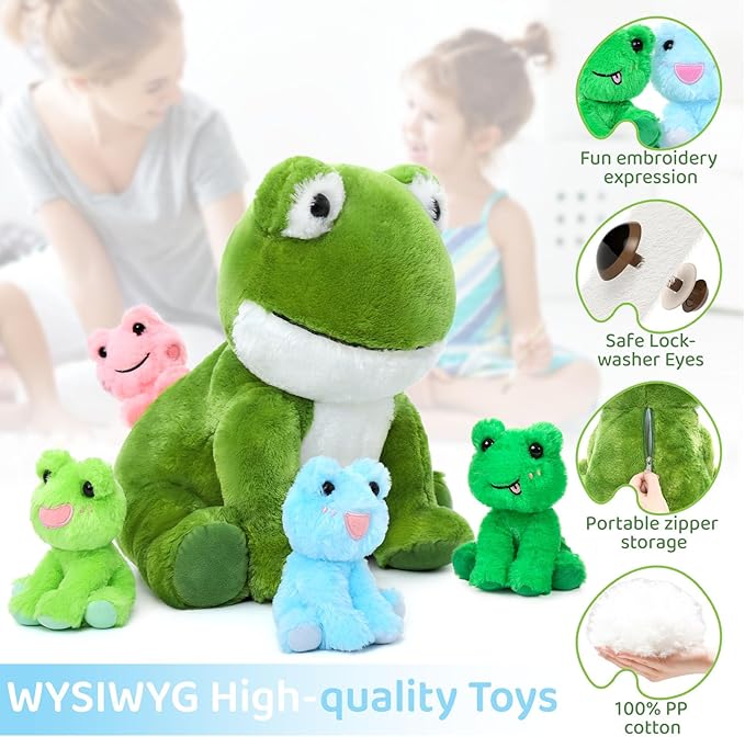 MorisMos Big Frog Stuffed Animal Plush Toys,Large Green Mommy Frog Toy and 4 Baby Toads for Kids,Cute Plush Toad Toys,Soft Green Stuffed Animals Gift for Girls Boys Christmas Baby Shower Birthday