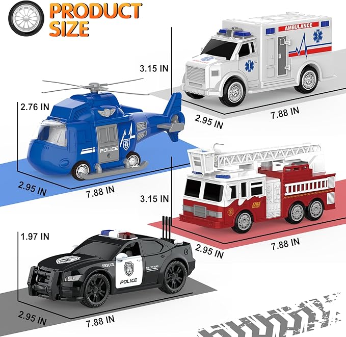 COVTOY 4 Pack Emergency Vehicles with Lights & Siren Sounds - Fire Truck, Ambulance, Police Car & Helicopter - Friction Powered Toys for Boys 3-6