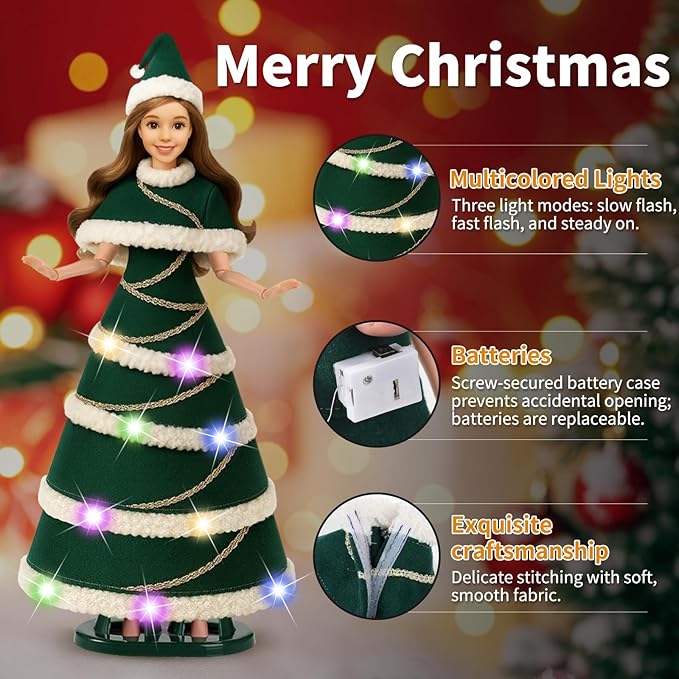 11.5-Inch Doll Clothes Christmas Light-Up Dress with Colorful LED Lights – 3 Flash Modes (Slow, Fast, Steady On) – Holiday Outfit Gift for Girls (Christmas Outfits) Clothes