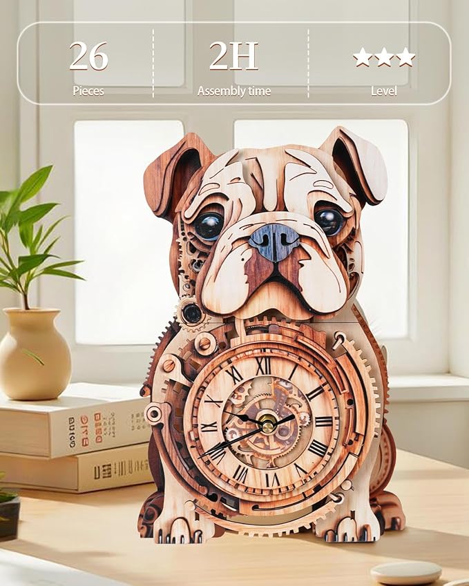 3D Wooden Puzzles for Adults, 3D Puzzles Bulldog Clock(with Pendulum) 32Pcs, Beginners Wooden Puzzle for Adults Teens Home Wall Decor Clock Crafts for Adult Puzzle Gift for Women Men