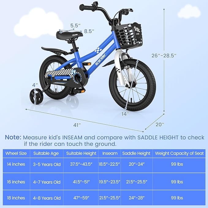 BABY JOY Kids Bike, 12 14 16 18 Inch Children Bikes for Boys Girls Age 3-8 Years w/Training Wheels, Handbrake, Coaster Brake & Removable Basket, Kids Bicycle of Multiple Colors