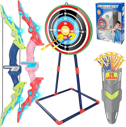 Bow and Arrow Set for Kids 4-12 Years Old, LED Light Up Archery Toy with 20 Suction Cup Arrows and Standing Target, Indoor Outdoor Activity Toys for Ages 4-6 8-13
