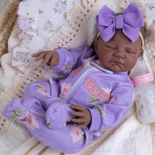 Aori Black Reborn Baby Dolls - 20 Inch Biracial Reborn Girl Doll with Soft Weighted Cloth Body, Lifelike African American Newborn Sleeping Doll, Includes Purple Outfit & Gift Set - Safe for Ages 3+