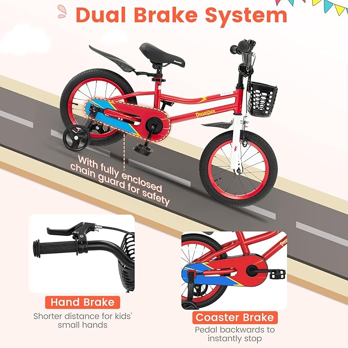 BABY JOY Kids Bike, 12 14 16 18 Inch Children Bikes for Boys Girls Age 3-8 Years w/Training Wheels, Handbrake, Coaster Brake & Removable Basket, Kids Bicycle of Multiple Colors